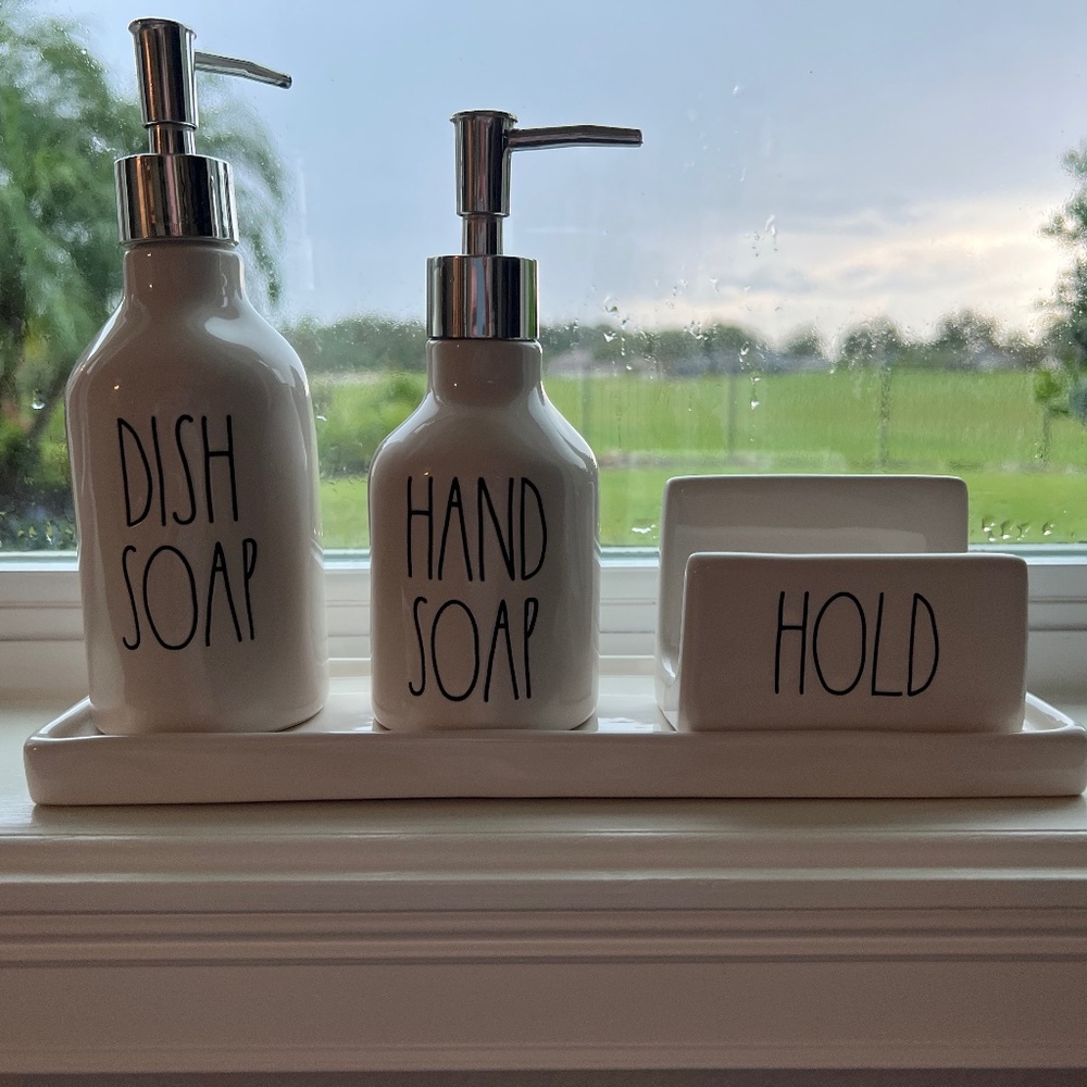 Rae Dunn Kitchen Dish Soap, Hand Soap and Sponge Holder + Tray